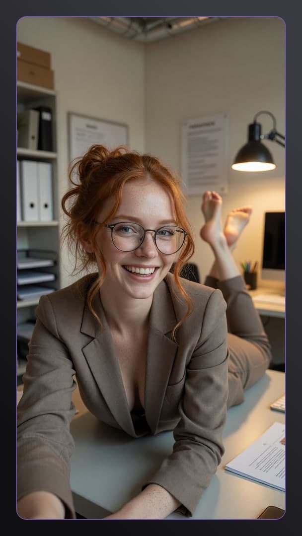 Redhead leans over office desk