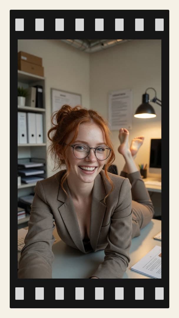 Slim redhead bare chest on desk