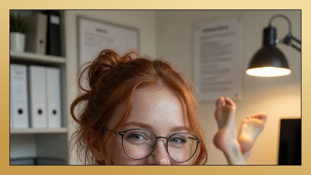 Redhead glasses topless office selfie