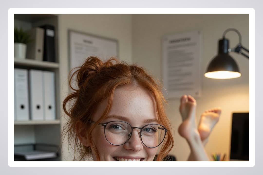 Slim redhead topless office selfie