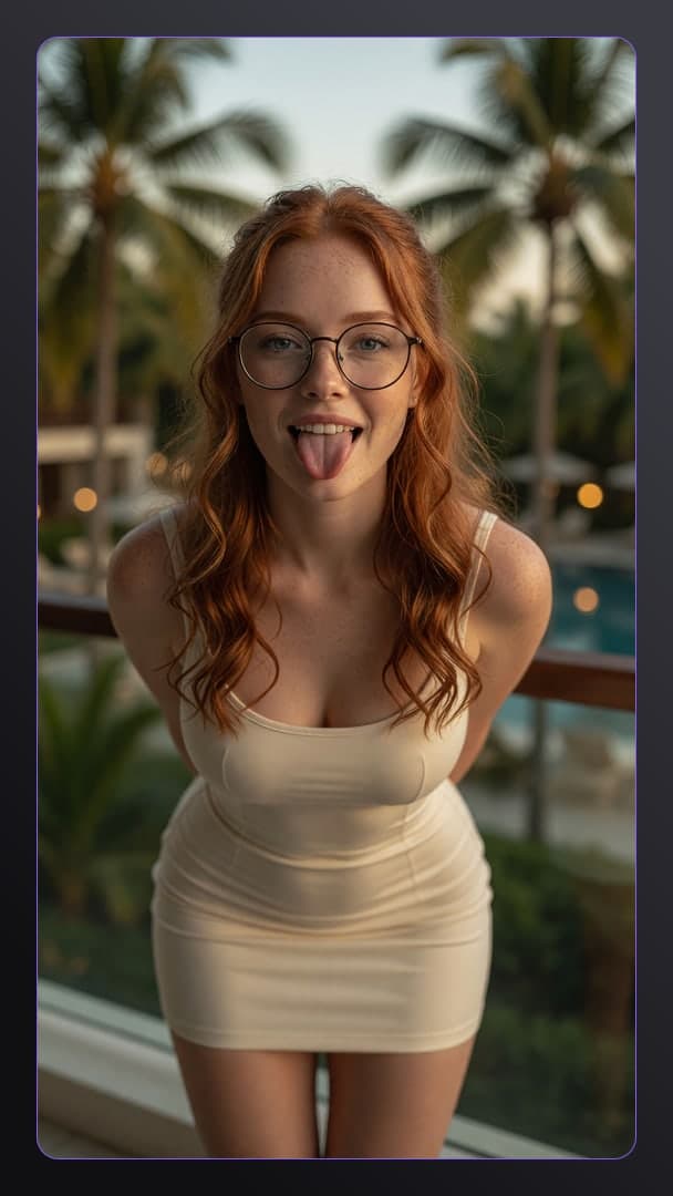 Redhead glasses balcony sunset selfie