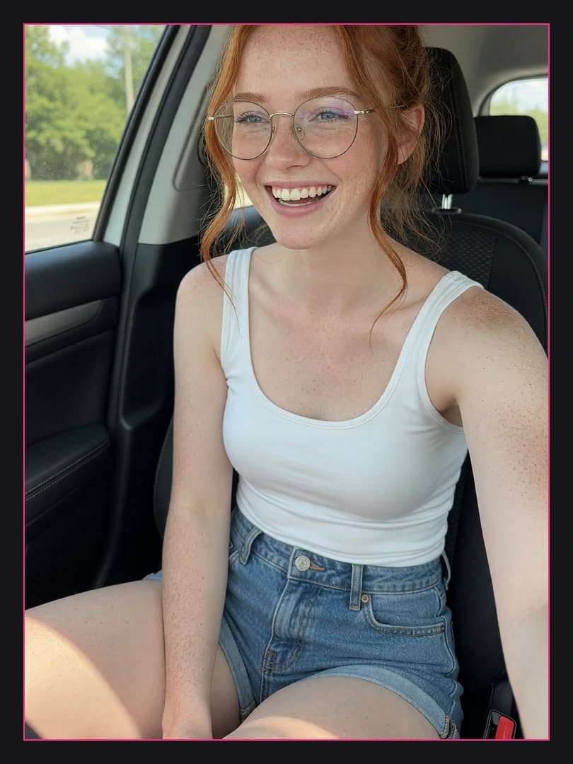 Redhead selfie in car passenger seat
