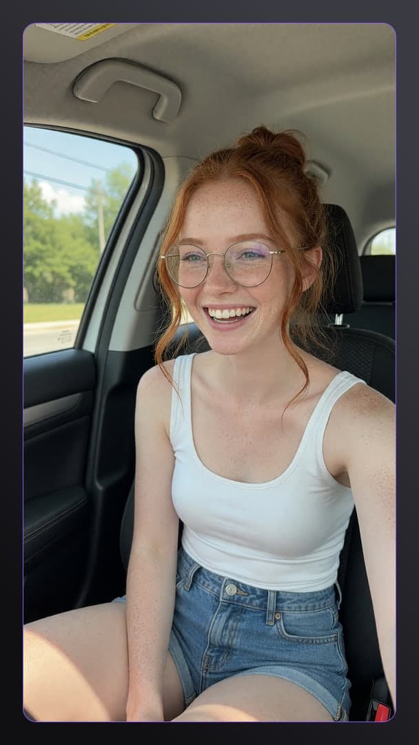 Slim redhead in car selfie