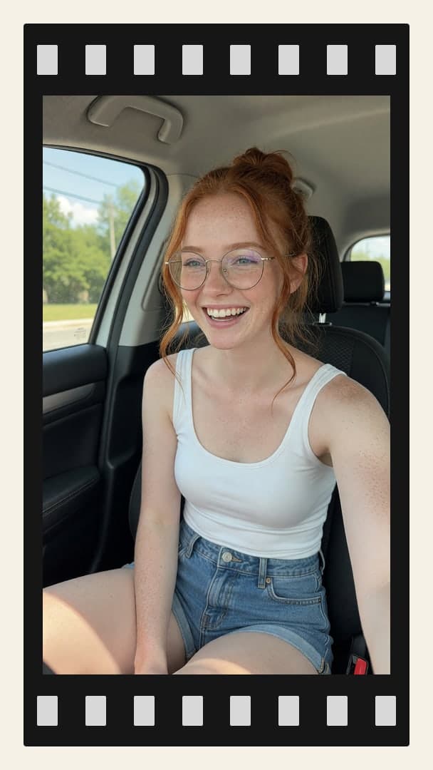 Redhead selfie in car passenger seat