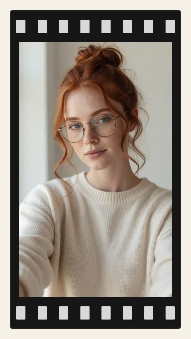 Slim redhead in cream knit sweater