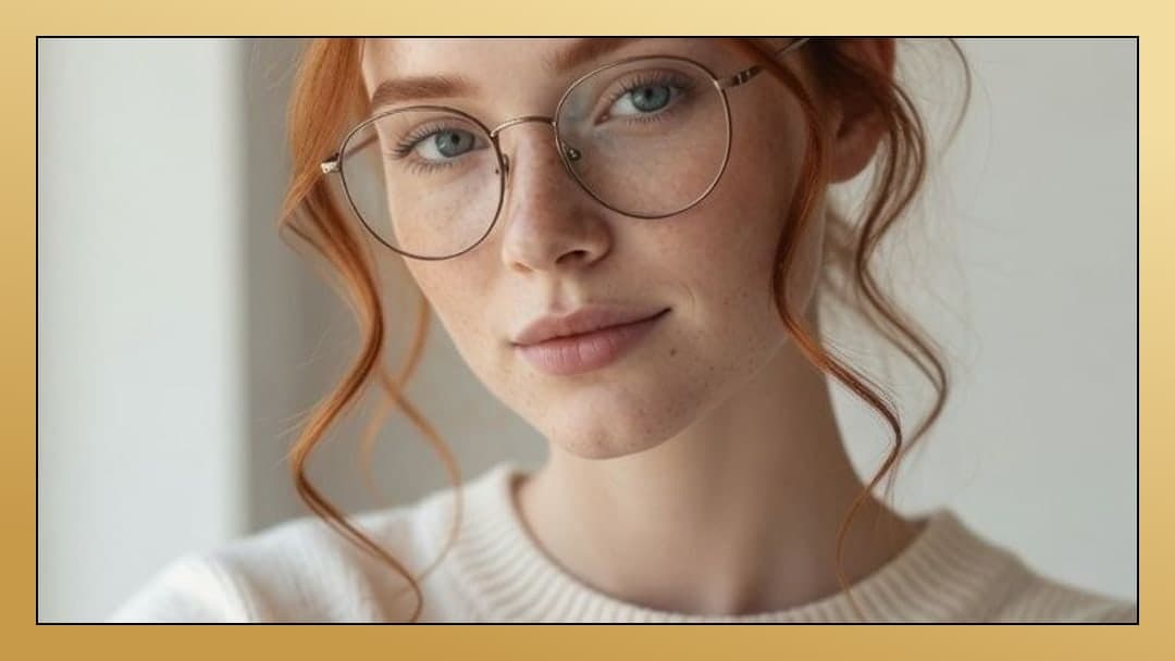 Redhead glasses cream sweater close up