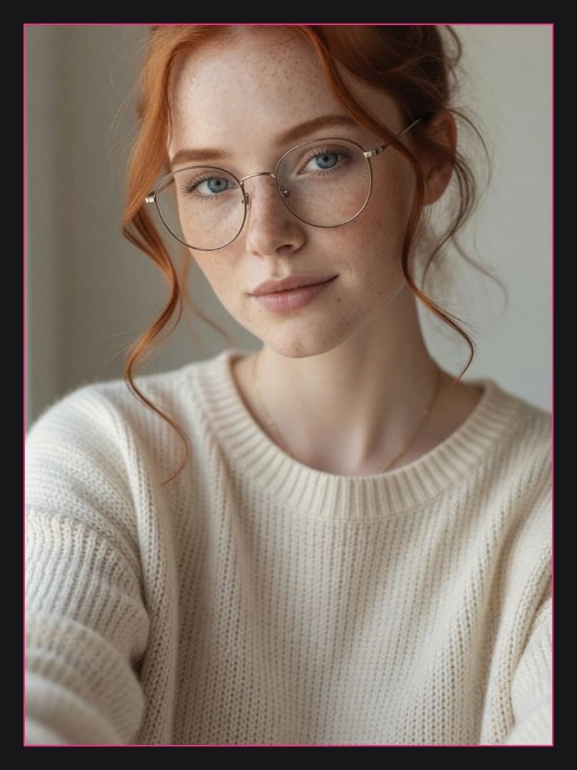 Redhead glasses sweater selfie indoors