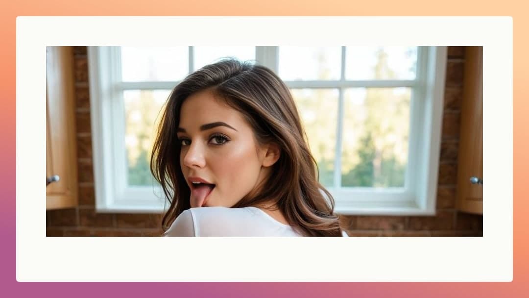 Over shoulder playful tongue out kitchen