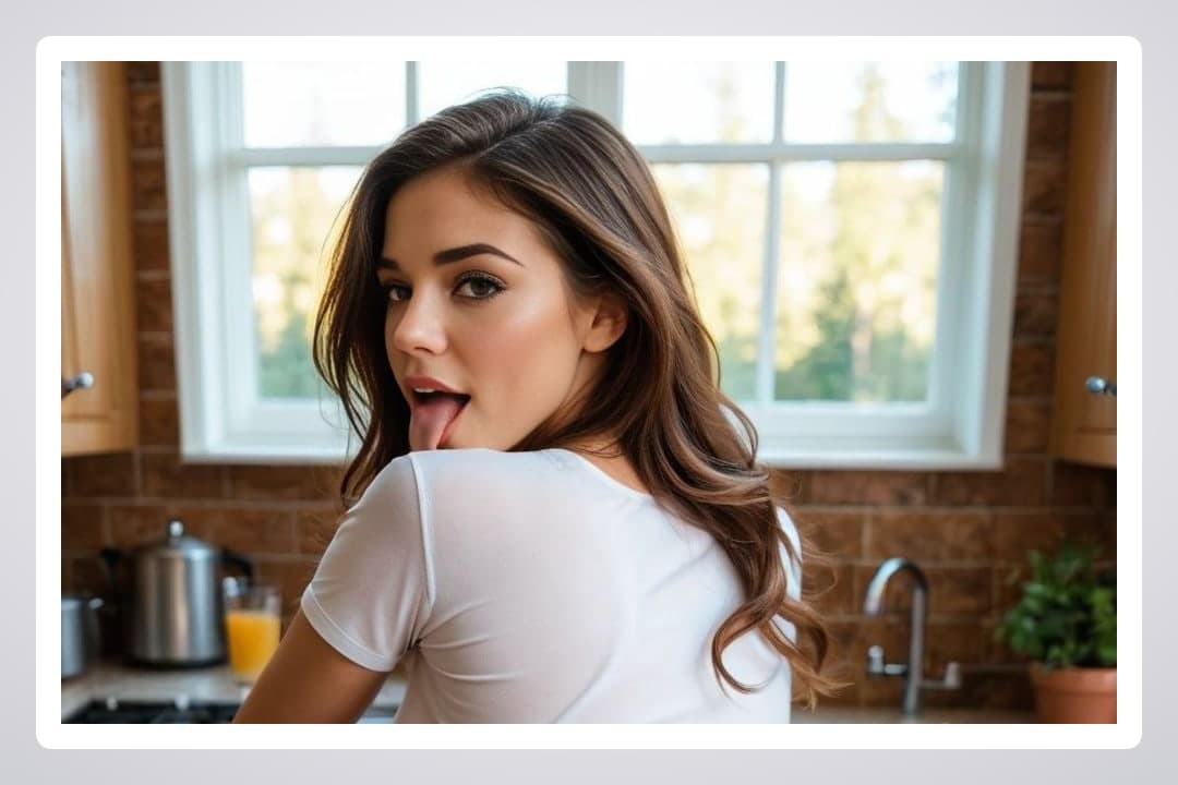 Brunette tongue out in kitchen