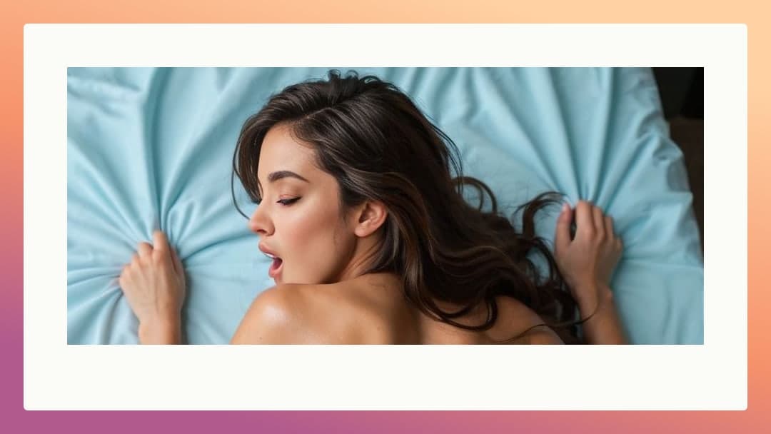 Topless moan on light blue sheets