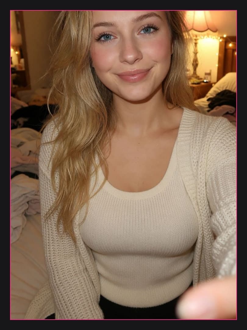 Curvy blonde cleavage bedroom selfie