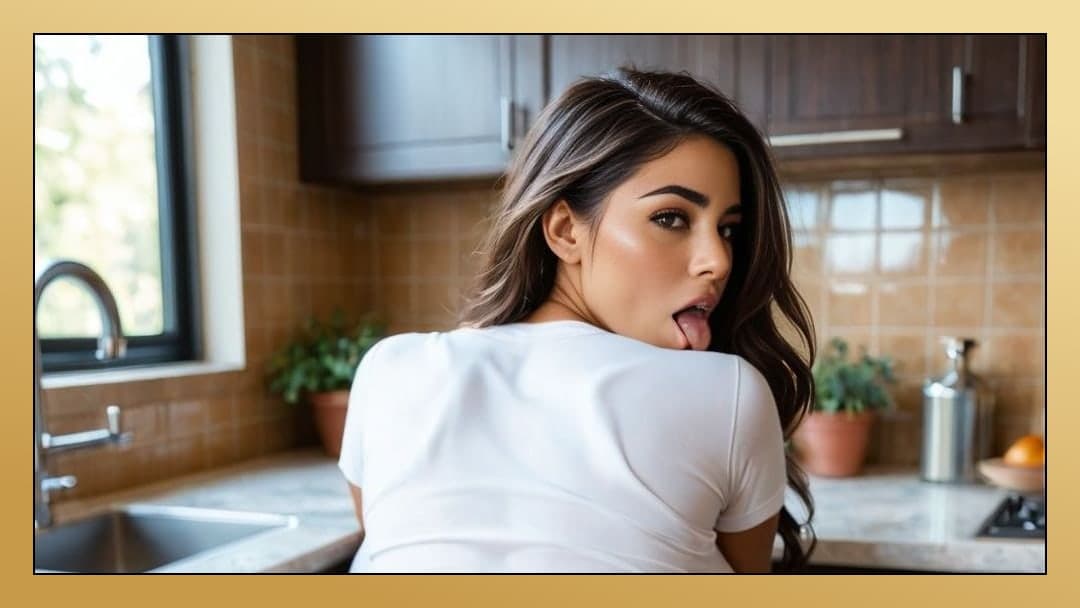 Young Latina tongue out kitchen