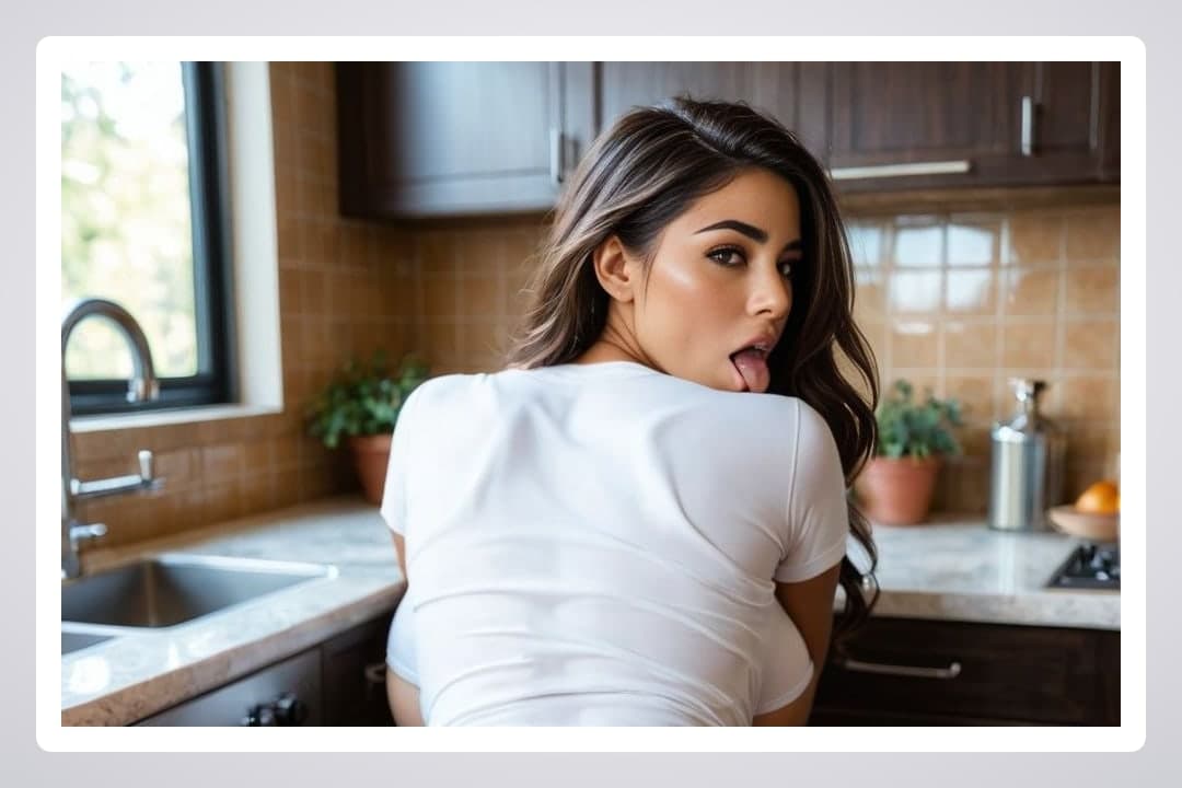 Long wavy hair tongue out kitchen