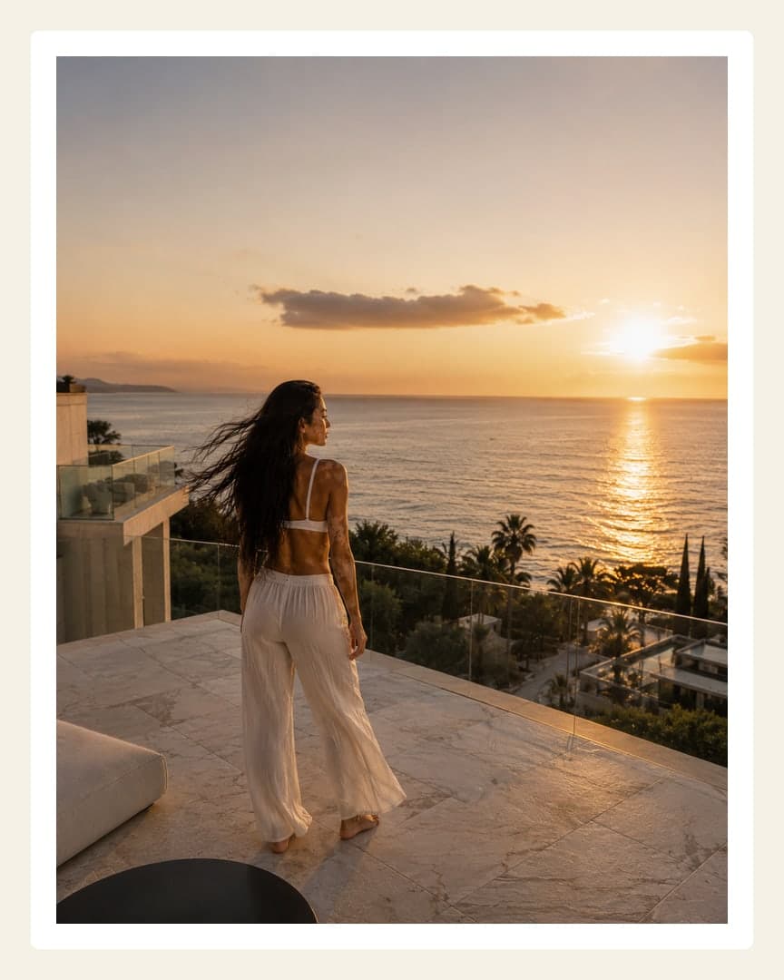 Athletic Latina backless terrace view