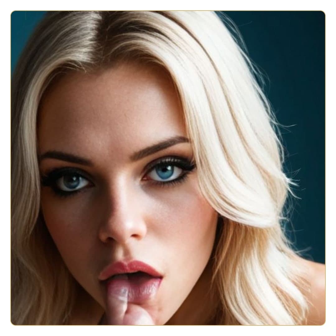 Blonde licks finger in studio closeup