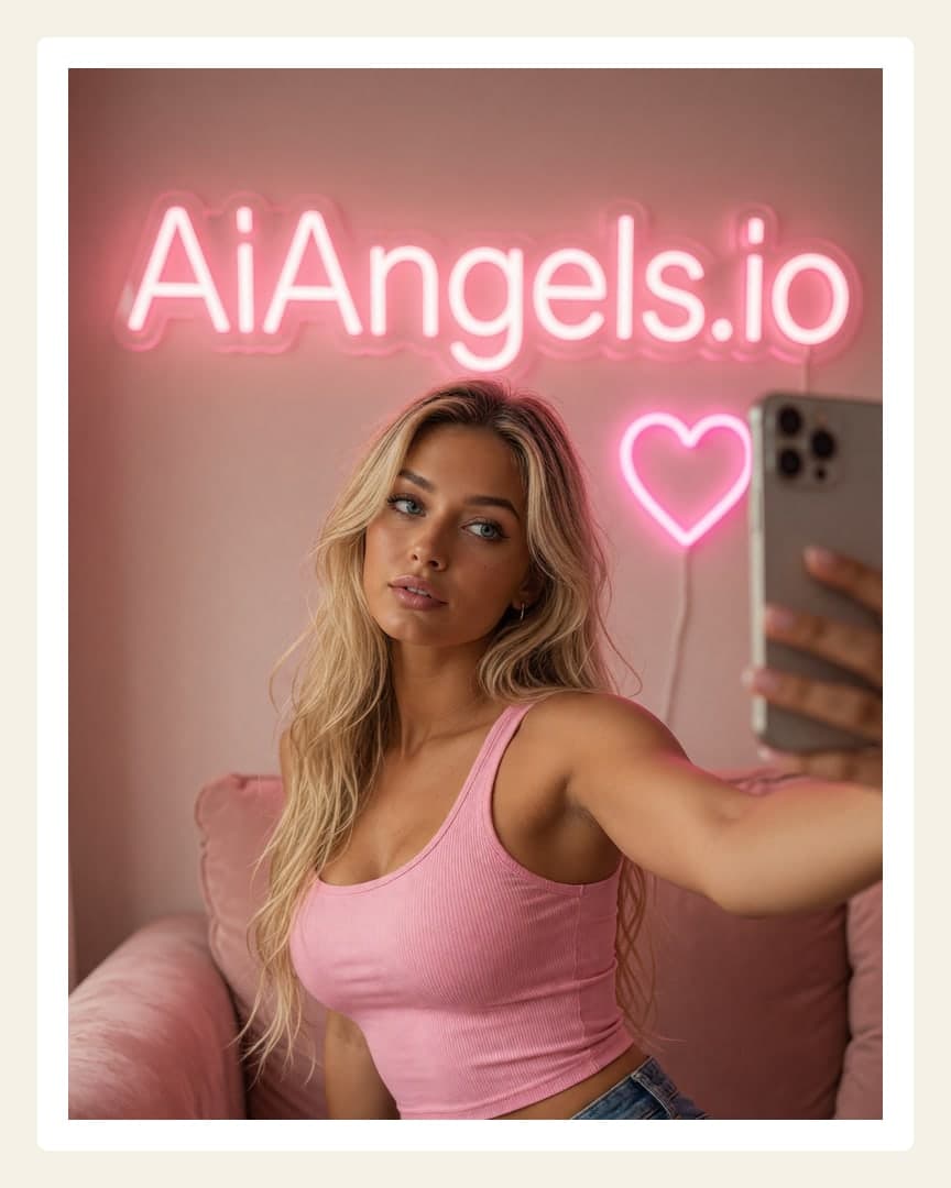 Blonde selfie on pink couch