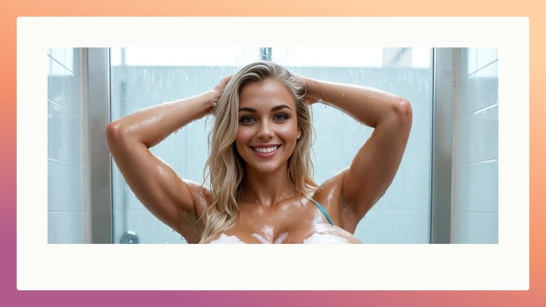 Wet blonde in turquoise bikini