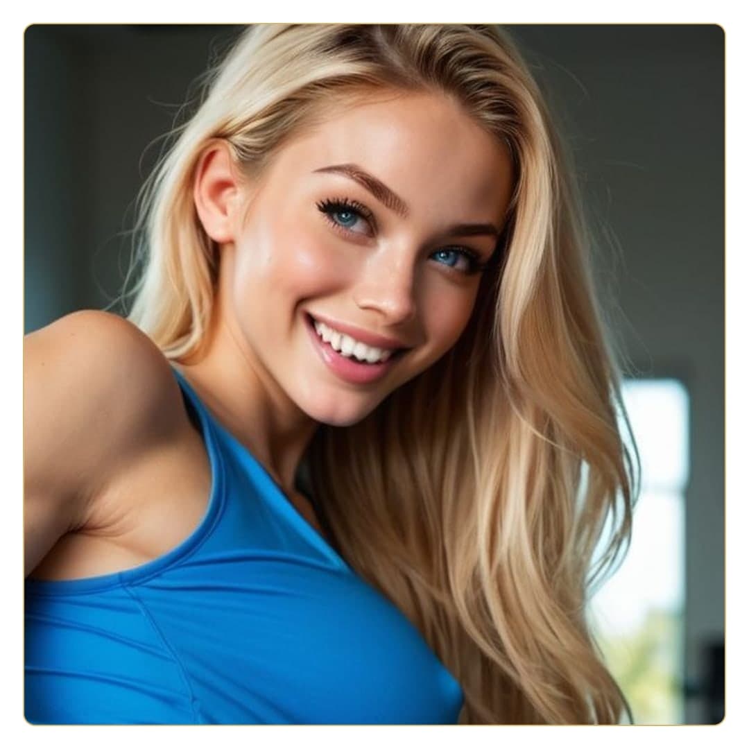 Blonde selfie in blue tank top