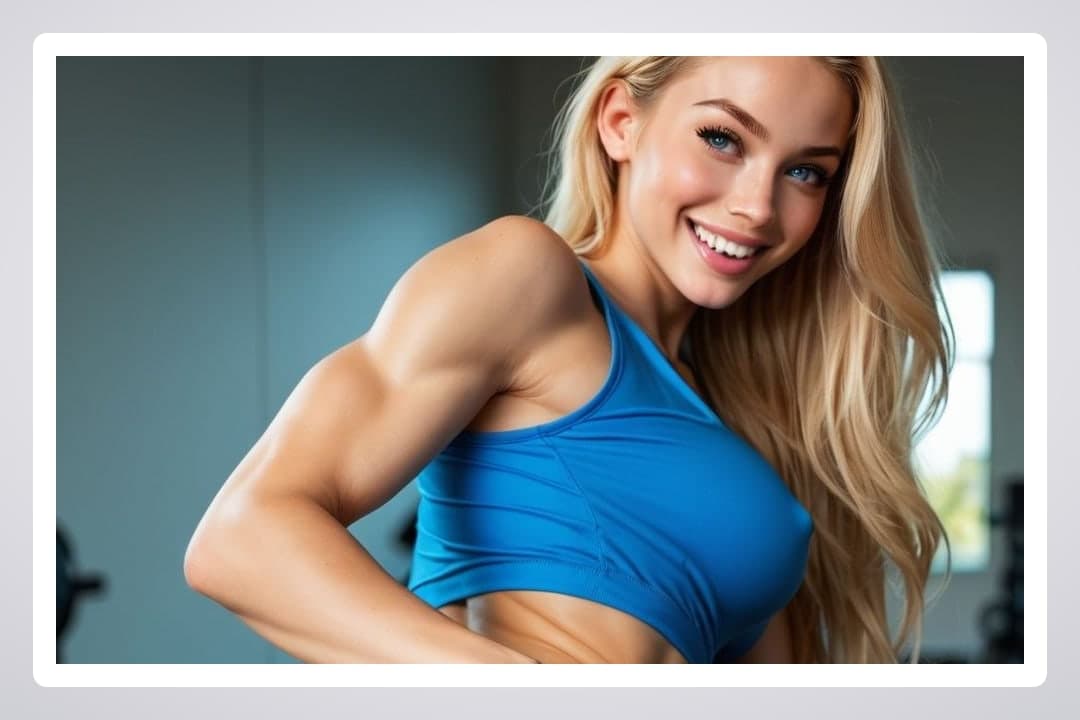 Athletic blonde flexes toned abs