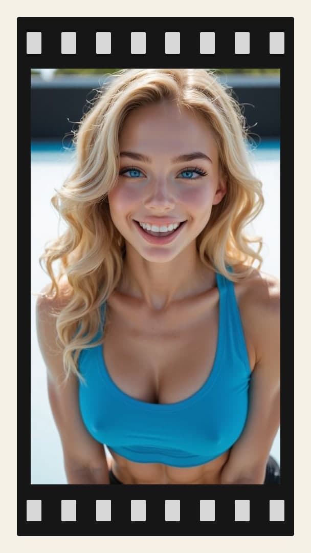 Athletic blonde cleavage selfie by pool
