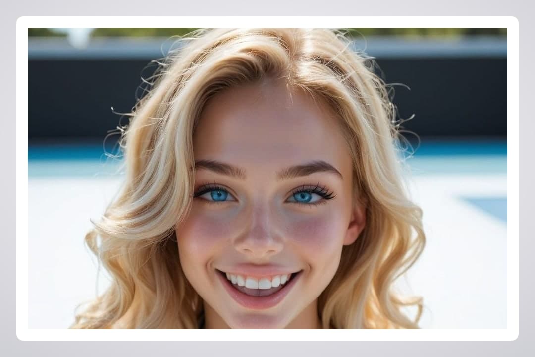 Topless poolside selfie smile