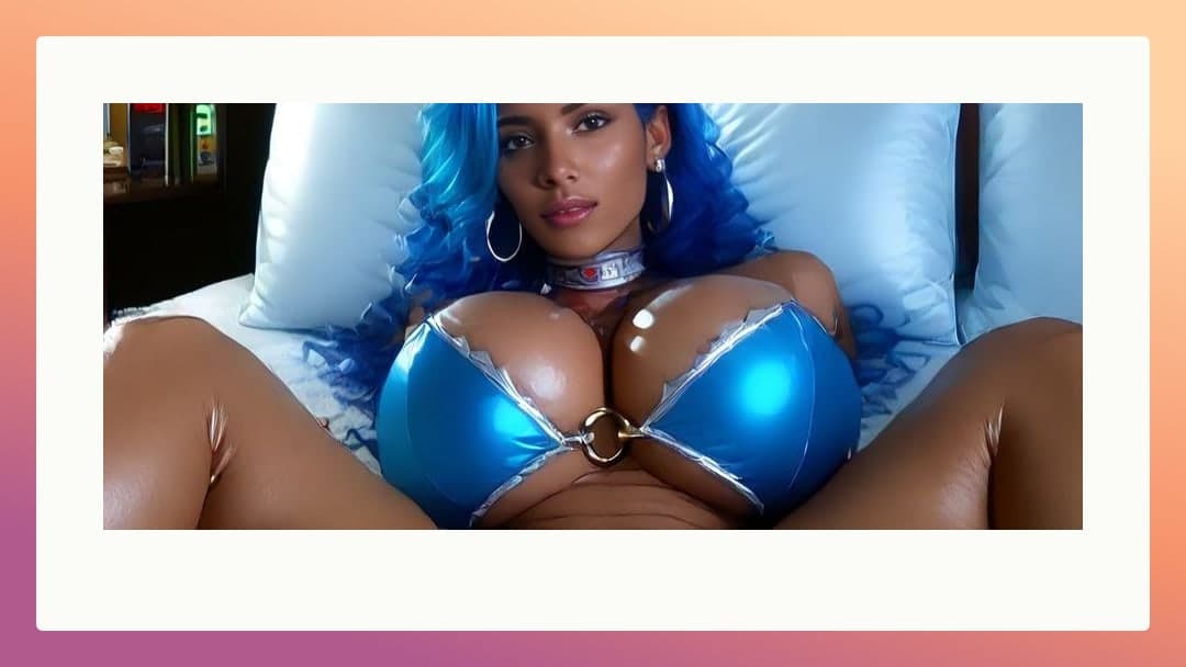Big oiled tits in blue micro bikini