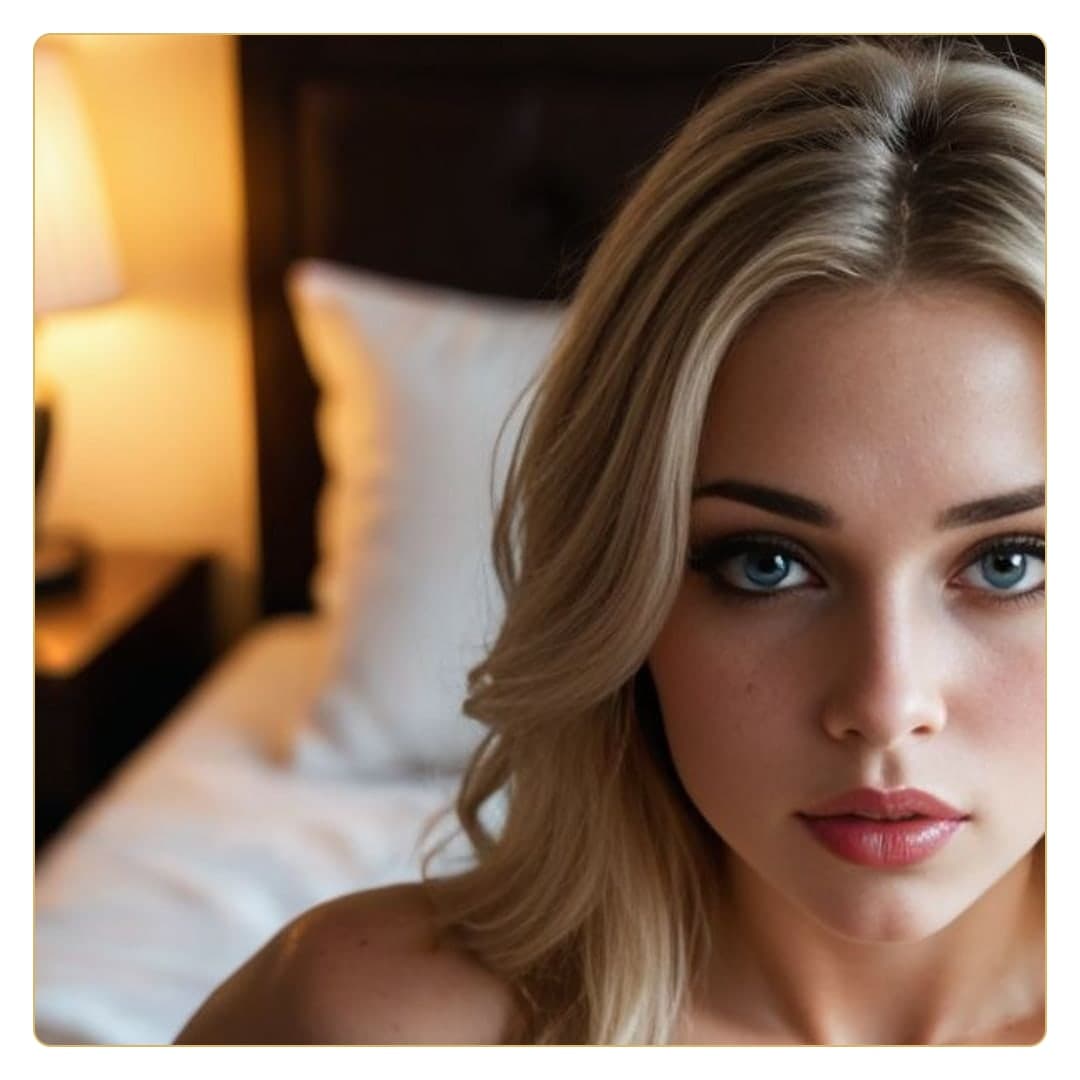 Blue eyed blonde bedroom close-up