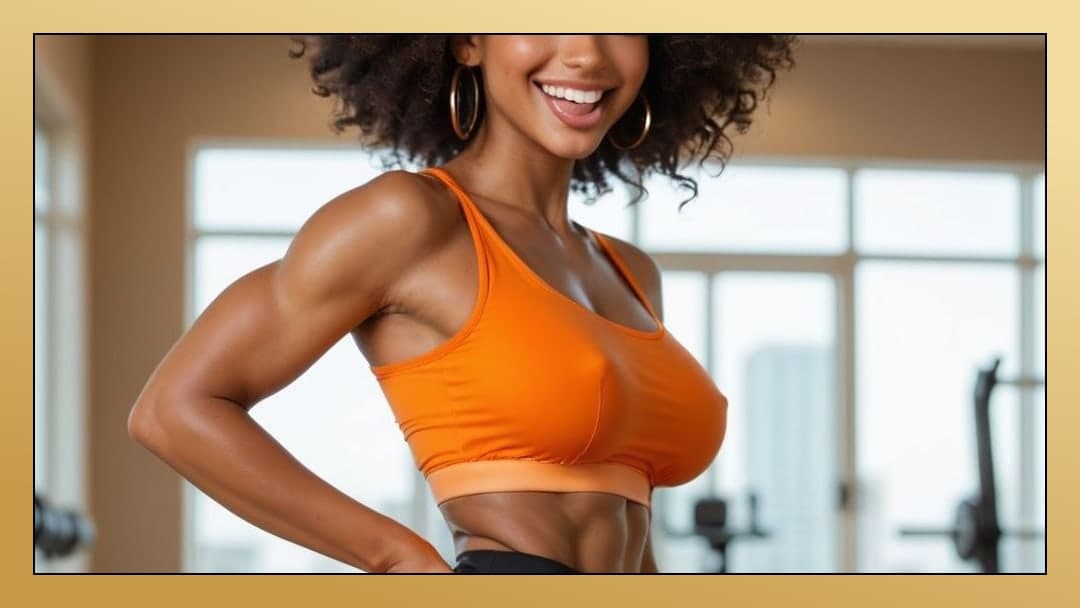 Busty ebony flexes in gym sports bra