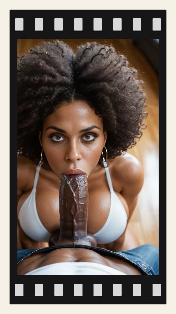 Curly afro blowjob on wooden floor