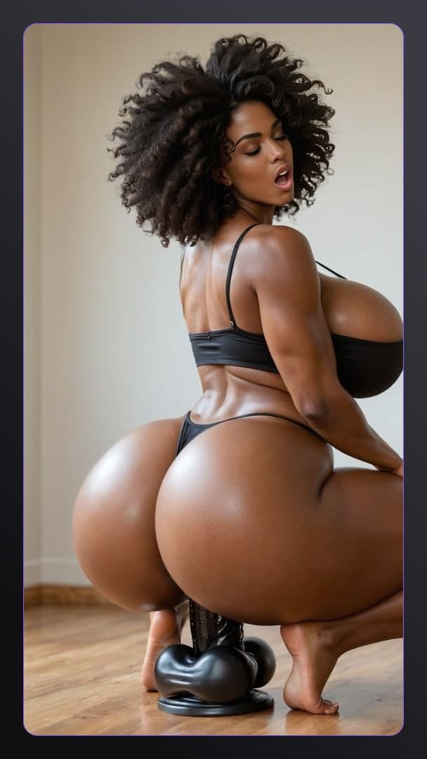 Young adult ebony dildo squat