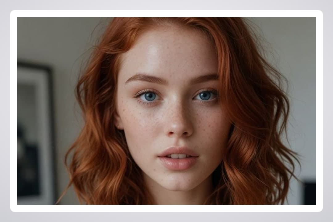 Redhead topless close-up indoors