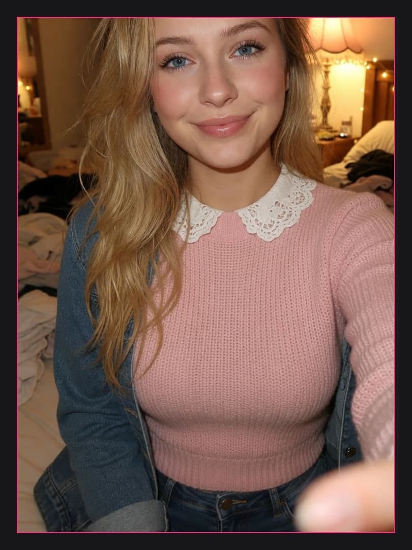 Blonde wavy hair bedroom selfie