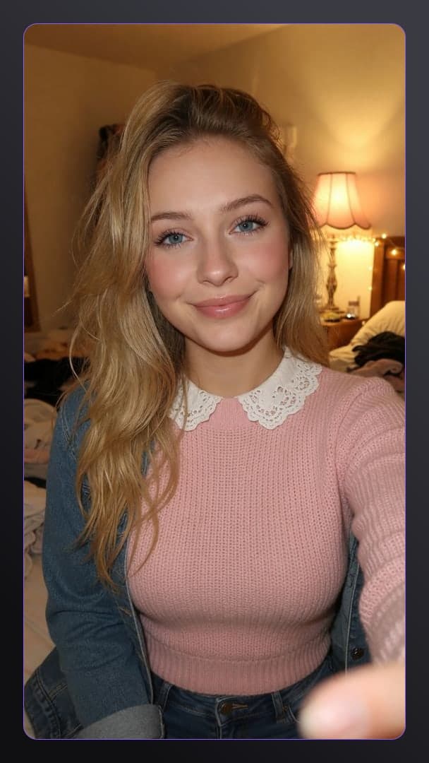 Blonde in pink sweater bedroom selfie