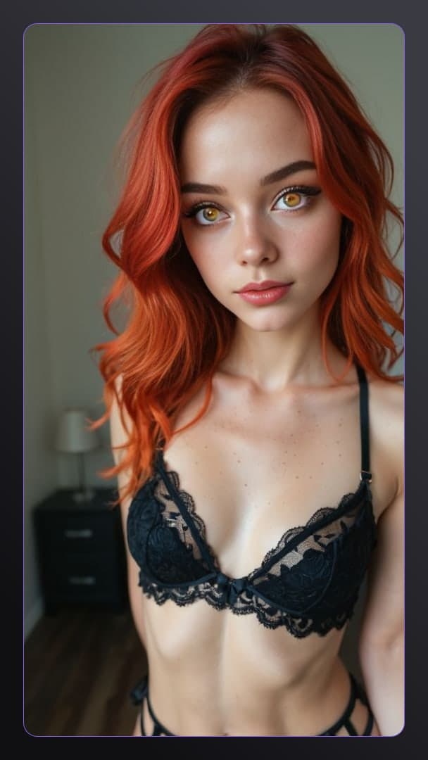 Red wavy hair sheer lace selfie