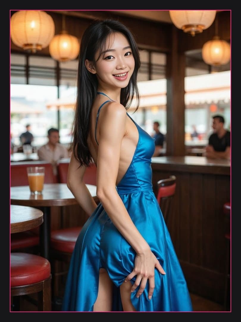 Young Asian in blue satin dress
