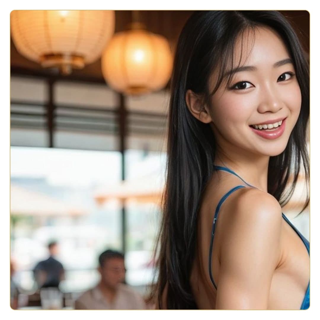 Asian smile over shoulder in restaurant