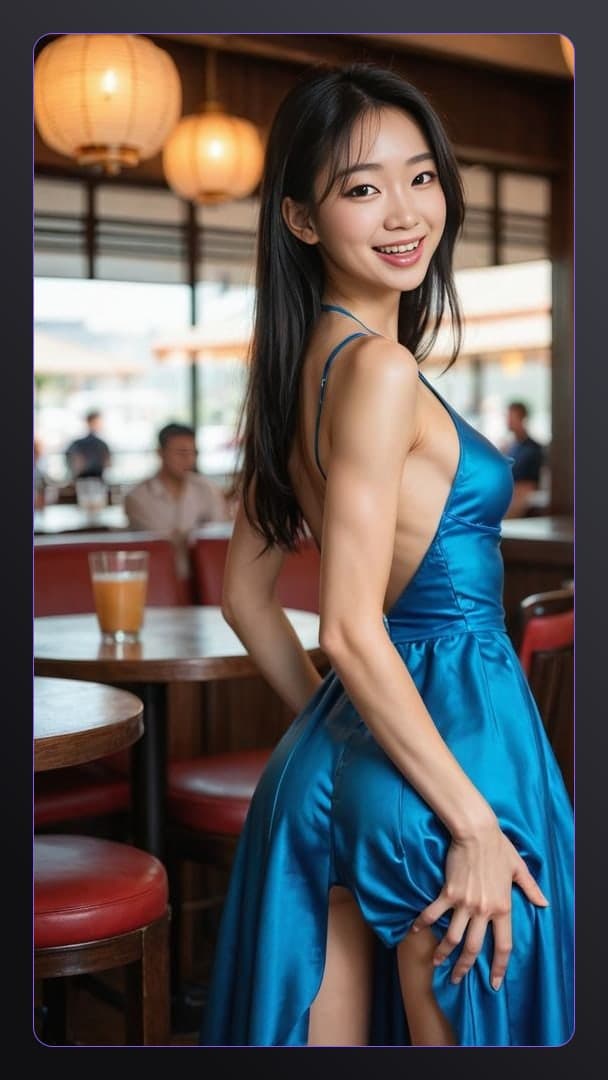 Backless blue dress over shoulder