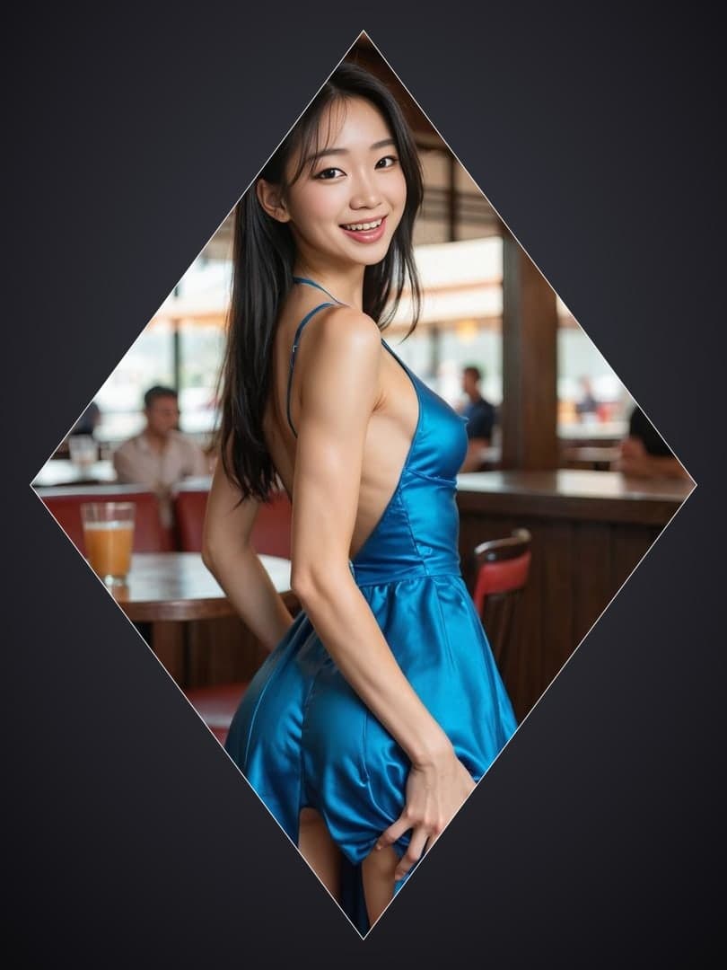Athletic Asian in blue satin dress