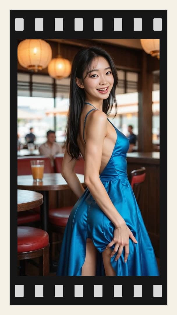 Backless blue dress restaurant shot