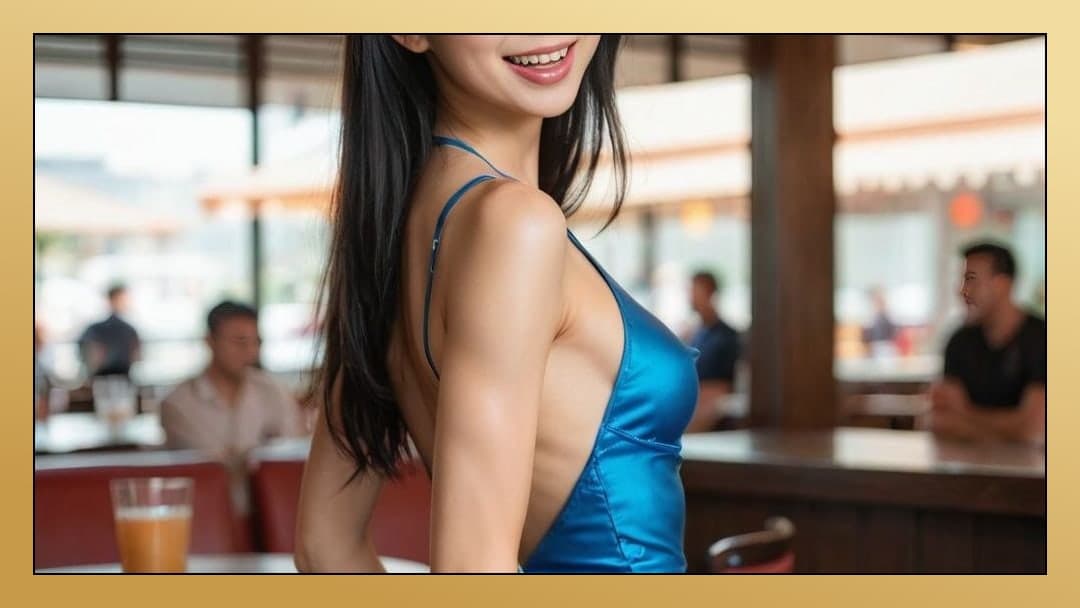 Blue satin dress restaurant pose