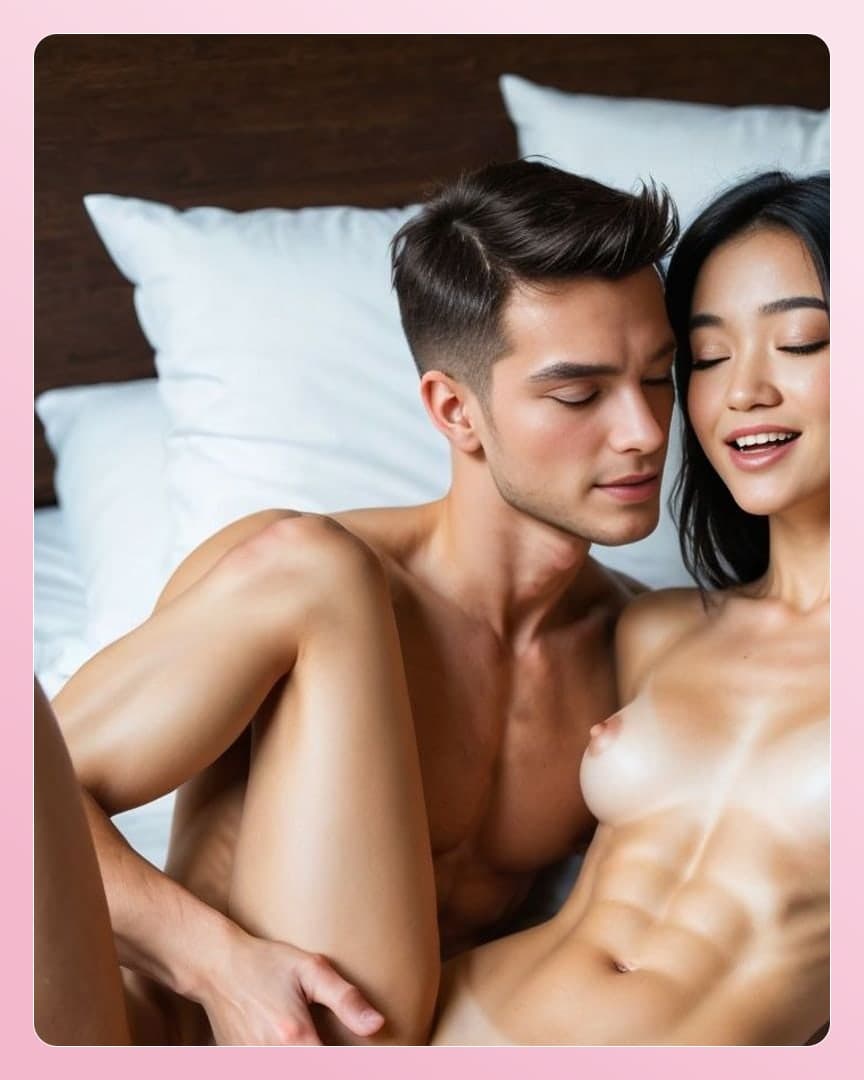 Athletic Asian topless in bed