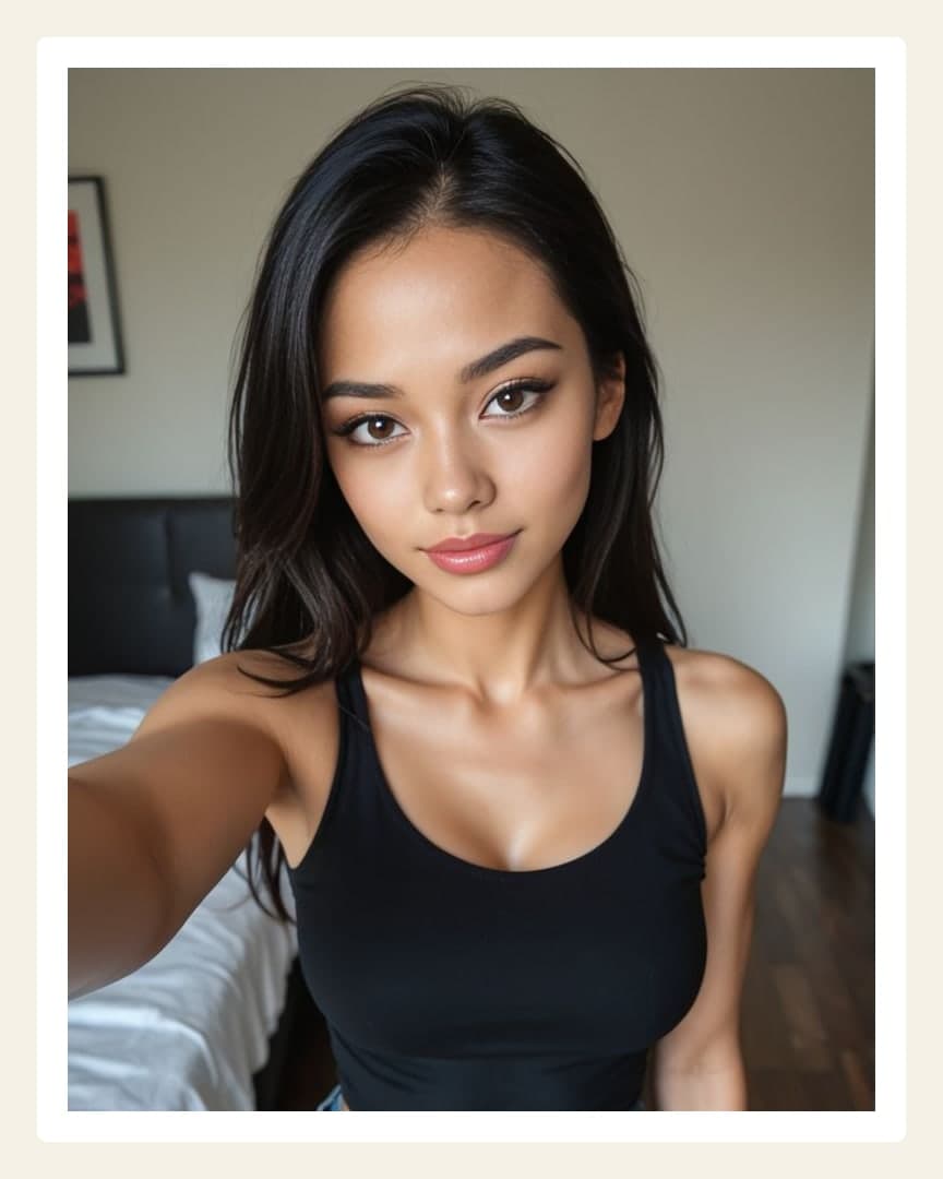 Athletic Asian cleavage selfie in bedroom
