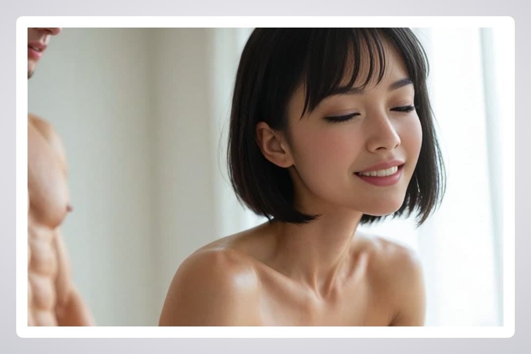 Short black bob topless smile