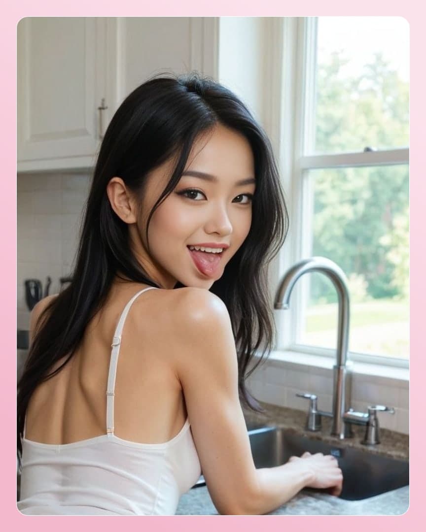 Kitchen camisole tongue out tease