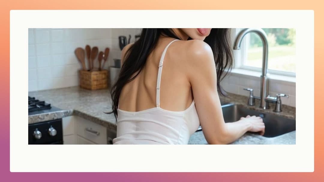 Slim back in white camisole kitchen