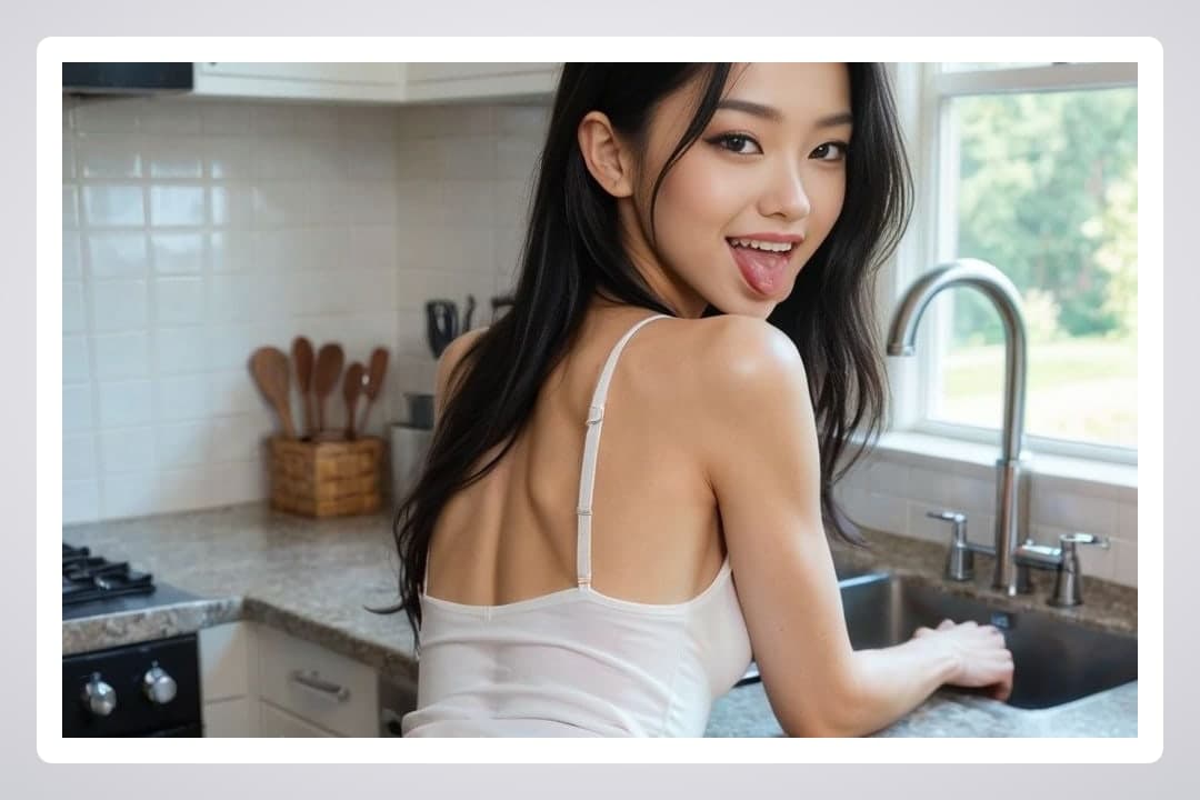 College Asian tongue out kitchen pose