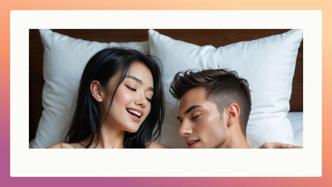 Asian and guy smiling in bed