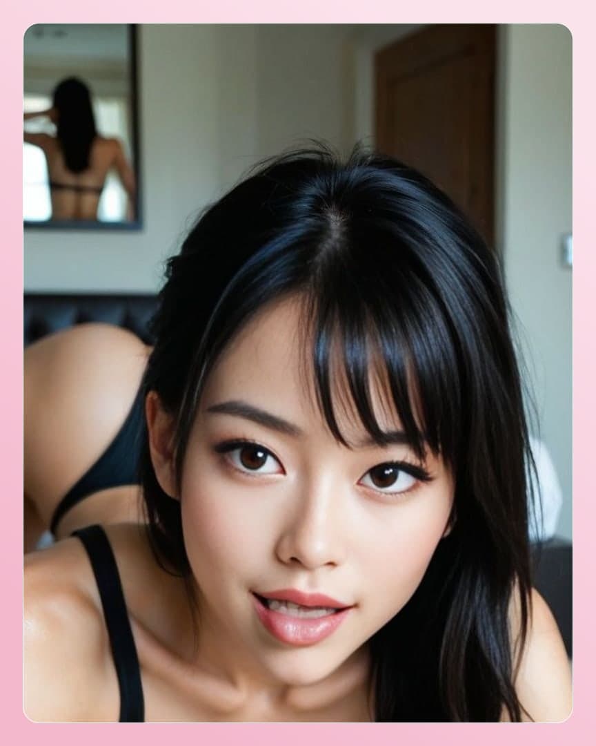 Black lingerie bedroom mirror pose