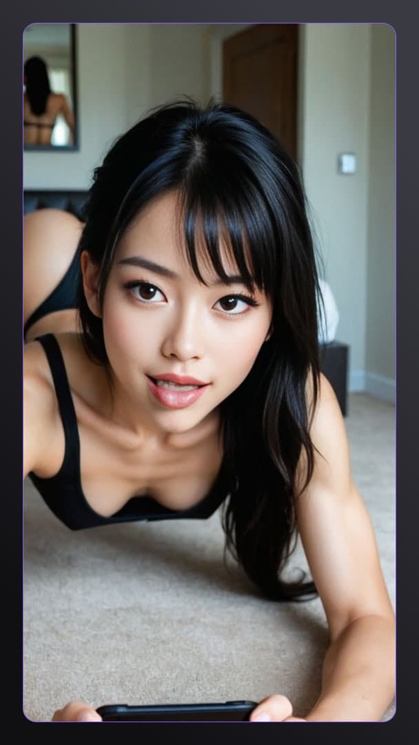 Black tank top bedroom floor selfie