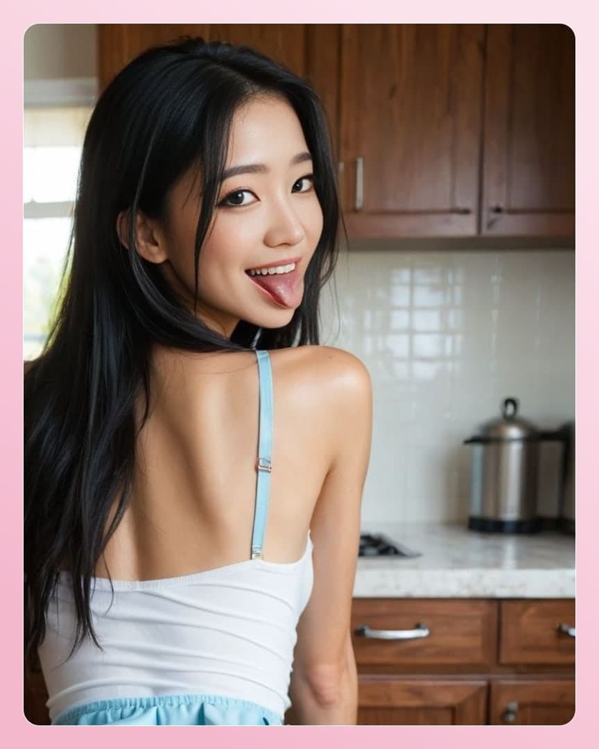 Young Asian kitchen selfie playful